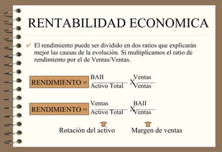 RENTABILIDAD ECONOMICA El rendimiento puede ser dividido en dos ratios que explicarán mejor las causas de la evolución. Si multiplicamos el ratio de rendimiento por el de Ventas/Ventas. BAII  Ventas Activo Total  Ventas Ventas BAII Activo Total Ventas RENDIMIENTO = X RENDIMIENTO = X Rotación del activo Margen de ventas 