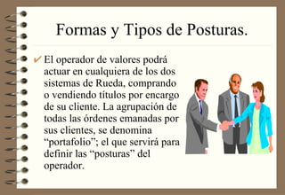 Formas y Tipos de Posturas. El operador de valores podrá actuar en cualquiera de los dos sistemas de Rueda, comprando o vendiendo títulos por encargo de su cliente. La agrupación de todas las órdenes emanadas por sus clientes, se denomina “portafolio”; el que servirá para definir las “posturas” del operador.  