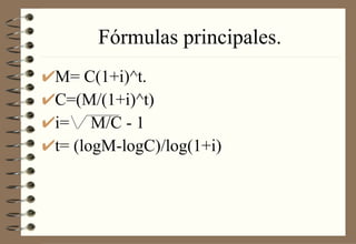 Fórmulas principales. M= C(1+i)^t. C=(M/(1+i)^t) i=  M/C - 1 t= (logM-logC)/log(1+i) 
