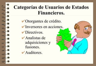 Categorías de Usuarios de Estados Financieros. Otorgantes de crédito. Inversores en acciones. Directivos. Analistas de adquisiciones y fusiones. Auditores. 