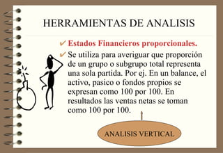 HERRAMIENTAS DE ANALISIS Estados Financieros proporcionales. Se utiliza para averiguar que proporción de un grupo o subgrupo total representa una sola partida. Por ej. En un balance, el activo, pasico o fondos propios se expresan como 100 por 100. En resultados las ventas netas se toman como 100 por 100.  ANALISIS VERTICAL 