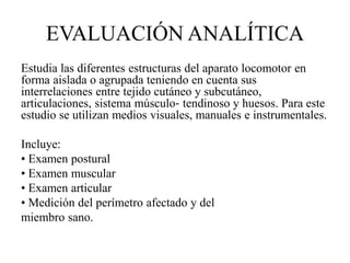 EVALUACIÓN ANALÍTICA
Estudia las diferentes estructuras del aparato locomotor en
forma aislada o agrupada teniendo en cuenta sus
interrelaciones entre tejido cutáneo y subcutáneo,
articulaciones, sistema músculo‐ tendinoso y huesos. Para este
estudio se utilizan medios visuales, manuales e instrumentales.
Incluye:
• Examen postural
• Examen muscular
• Examen articular
• Medición del perímetro afectado y del
miembro sano.
 