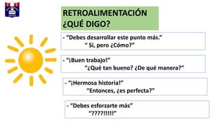 RETROALIMENTACIÓN
¿QUÉ DIGO?
- “Debes desarrollar este punto más.”
“ Si, pero ¿Cómo?”
- “¡Buen trabajo!”
“¿Qué tan bueno? ¿De qué manera?”
- “¡Hermosa historia!”
“Entonces, ¿es perfecta?”
- “Debes esforzarte más”
“????!!!!!”
 