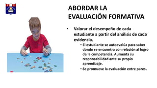 ABORDAR LA
EVALUACIÓN FORMATIVA
• Valorar el desempeño de cada
estudiante a partir del análisis de cada
evidencia.
• El estudiante se autoevalúa para saber
donde se encuentra con relación al logro
de la competencia. Aumenta su
responsabilidad ante su propio
aprendizaje.
• Se promueve la evaluación entre pares.
 