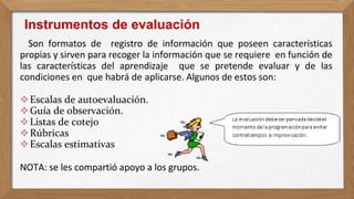 Son formatos de registro de información que poseen características
propias y sirven para recoger la información que se requiere en función de
las características del aprendizaje que se pretende evaluar y de las
condiciones en que habrá de aplicarse. Algunos de estos son:
Escalas de autoevaluación.
Guía de observación.
Listas de cotejo
Rúbricas
Escalas estimativas
NOTA: se les compartió apoyo a los grupos.
Instrumentos de evaluación
 