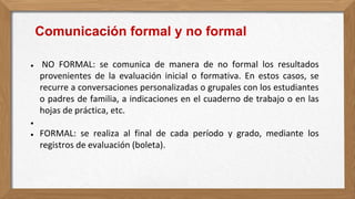 ● NO FORMAL: se comunica de manera de no formal los resultados
provenientes de la evaluación inicial o formativa. En estos casos, se
recurre a conversaciones personalizadas o grupales con los estudiantes
o padres de familia, a indicaciones en el cuaderno de trabajo o en las
hojas de práctica, etc.
●
● FORMAL: se realiza al final de cada período y grado, mediante los
registros de evaluación (boleta).
Comunicación formal y no formal
 