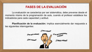 FASES DE LA EVALUACIÓN
La evaluación se caracteriza por ser sistemática, debe preverse desde el
momento mismo de la programación de aula, cuando el profesor establece los
indicadores para cada capacidad y actitud.
Planificación de la evaluación: implica esencialmente dar respuesta a
las siguientes interrogantes:
 