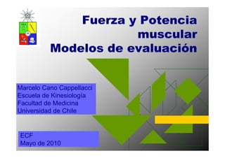 Fuerza y Potencia
                      muscular
          Modelos de evaluación


Marcelo Cano Cappellacci
Escuela de Kinesiología
Facultad de Medicina
Universidad de Chile


ECF
Mayo de 2010
 