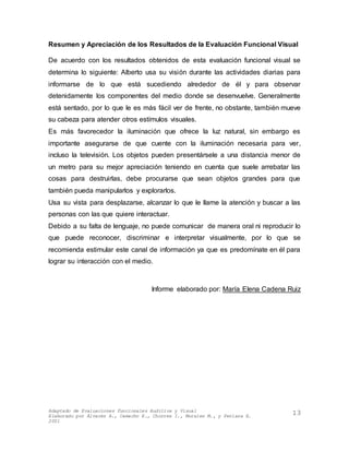 Adaptado de Evaluaciones Funcionales Auditiva y Visual
Elaborado por Álvarez A., Camacho E., Chorres I., Morales M., y Perlaza E.
2001
13
Resumen y Apreciación de los Resultados de la Evaluación Funcional Visual
De acuerdo con los resultados obtenidos de esta evaluación funcional visual se
determina lo siguiente: Alberto usa su visión durante las actividades diarias para
informarse de lo que está sucediendo alrededor de él y para observar
detenidamente los componentes del medio donde se desenvuelve. Generalmente
está sentado, por lo que le es más fácil ver de frente, no obstante, también mueve
su cabeza para atender otros estímulos visuales.
Es más favorecedor la iluminación que ofrece la luz natural, sin embargo es
importante asegurarse de que cuente con la iluminación necesaria para ver,
incluso la televisión. Los objetos pueden presentársele a una distancia menor de
un metro para su mejor apreciación teniendo en cuenta que suele arrebatar las
cosas para destruirlas, debe procurarse que sean objetos grandes para que
también pueda manipularlos y explorarlos.
Usa su vista para desplazarse, alcanzar lo que le llame la atención y buscar a las
personas con las que quiere interactuar.
Debido a su falta de lenguaje, no puede comunicar de manera oral ni reproducir lo
que puede reconocer, discriminar e interpretar visualmente, por lo que se
recomienda estimular este canal de información ya que es predomínate en él para
lograr su interacción con el medio.
Informe elaborado por: María Elena Cadena Ruiz
 