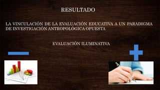 RESULTADO
LA VINCULACIÓN DE LA EVALUACIÓN EDUCATIVA A UN PARADIGMA
DE INVESTIGACIÓN ANTROPOLÓGICA OPUESTA
EVALUACIÓN ILUMINATIVA
 