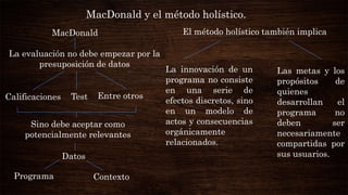 MacDonald y el método holístico.
MacDonald
La evaluación no debe empezar por la
presuposición de datos
Calificaciones Test Entre otros
Sino debe aceptar como
potencialmente relevantes
Programa Contexto
Datos
El método holístico también implica
La innovación de un
programa no consiste
en una serie de
efectos discretos, sino
en un modelo de
actos y consecuencias
orgánicamente
relacionados.
Las metas y los
propósitos de
quienes
desarrollan el
programa no
deben ser
necesariamente
compartidas por
sus usuarios.
 