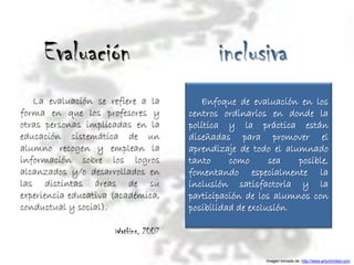 Evaluación                              inclusiva
   La evaluación se refiere a la         Enfoque de evaluación en los
forma en que los profesores y         centros ordinarios en donde la
otras personas implicadas en la       política y la práctica están
educación sistemática de un           diseñadas para promover el
alumno recogen y emplean la           aprendizaje de todo el alumnado
información sobre los logros          tanto     como      sea   posible,
alcanzados y/o desarrollados en       fomentando especialmente la
las distintas áreas de su             inclusión satisfactoria y la
experiencia educativa (académica,     participación de los alumnos con
conductual y social).                 posibilidad de exclusión.

                      Watkins, 2007

                                                        Imagen tomada de: http://www.artunlimited.com
 