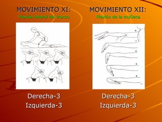 MOVIMIENTO XI: Flexión lateral del tronco Derecha-3 Izquierda-3 MOVIMIENTO XII: Flexión de la muñeca Derecha-3 Izquierda-3 