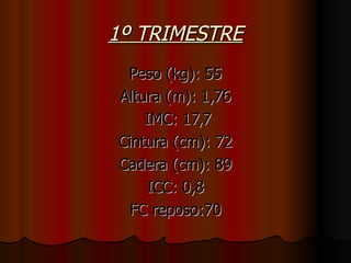 1º TRIMESTRE Peso (kg): 55 Altura (m): 1,76 IMC: 17,7 Cintura (cm): 72 Cadera (cm): 89 ICC: 0,8 FC reposo:70 