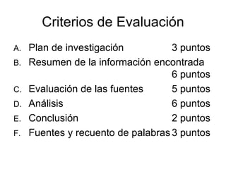 Criterios de Evaluación Plan de investigación   3 puntos  Resumen de la información encontrada  6 puntos Evaluación de las fuentes 5 puntos Análisis 6 puntos Conclusión 2 puntos Fuentes y recuento de palabras 3 puntos 