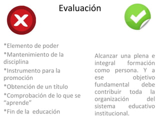 Evaluación
*Elemento de poder
*Mantenimiento de la
disciplina
*Instrumento para la
promoción
*Obtención de un título
*Comprobación de lo que se
“aprende”
*Fin de la educación
Alcanzar una plena e
integral formación
como persona. Y a
ese objetivo
fundamental debe
contribuir toda la
organización del
sistema educativo
institucional.
 