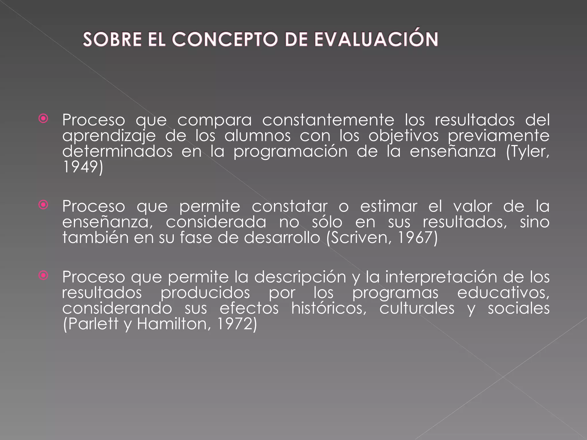 Proceso que compara constantemente los resultados del aprendizaje de los alumnos con los objetivos previamente determinados en la programación de la enseñanza (Tyler, 1949) Proceso que permite constatar o estimar el valor de la enseñanza, considerada no sólo en sus resultados, sino también en su fase de desarrollo (Scriven, 1967) Proceso que permite la descripción y la interpretación de los resultados producidos por los programas educativos, considerando sus efectos históricos, culturales y sociales (Parlett y Hamilton, 1972) 
