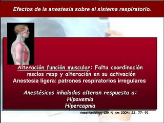Anesthesiology Clin N Am 2004; 22: 77– 91
Efectos de la anestesia sobre el sistema respiratorio.
Alteración función muscular: Falta coordinación
msclos resp y alteración en su activación
Anestesia ligera: patrones respiratorios irregulares
Anestésicos inhalados alteran respuesta a:
Hipoxemia
Hipercapnia
 