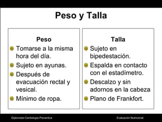 Diplomado Cardiología PreventivaPeso y TallaPesoTomarse a la misma hora del día. Sujeto en ayunas.Después de evacuación rectal y vesical.Mínimo de ropa.TallaSujeto en bipedestación.Espalda en contacto con el estadímetro.Descalzo y sin adornos en la cabezaPlano de Frankfort.