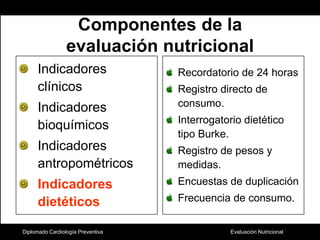 Diplomado Cardiología PreventivaComponentes de la evaluación nutricionalIndicadores clínicosIndicadores  bioquímicosIndicadores antropométricosIndicadores dietéticosRecordatorio de 24 horasRegistro directo de consumo.Interrogatorio dietético tipo Burke.Registro de pesos y medidas.Encuestas de duplicaciónFrecuencia de consumo.