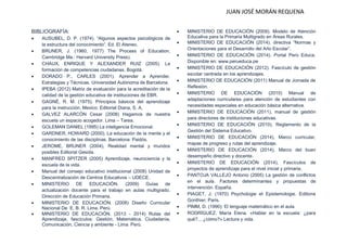JUAN JOSÉ MORÁN REQUENA 
BIBLIOGRAFÍA: 
 AUSUBEL, D. P. (1974). “Algunos aspectos psicológicos de la estructura del conocimiento”. Ed. El Ateneo. 
 BRUNER, J. (1960, 1977) The Process of Education, Cambridge Ma.: Harvard University Press). 
 CHAUX, ENRIQUE Y ALEXANDER RUIZ (2005). La formación de competencias ciudadanas. Bogotá. 
 DORADO P., CARLES (2001). Aprender a Aprender, Estrategias y Técnicas. Universidad Autónoma de Barcelona. 
 IPEBA (2012) Matriz de evaluación para la acreditación de la calidad de la gestión educativa de instituciones de EBR. 
 GAGNÉ, R. M. (1975). Principios básicos del aprendizaje para la instrucción. Mexico: Editorial Diana, S. A. 
 GALVEZ ALARCÓN Cesar (2008) Hagamos de nuestra escuela un espacio acogedor. Lima – Tarea. 
 GOLEMAN DANIEL (1995) La inteligencia Emocional. 
 GARDNER, HOWARD (2000). La educación de la mente y el conocimiento de las disciplinas. Barcelona: Paidós. 
 JEROME, BRUNER (2004), Realidad mental y mundos posibles Editorial Gesida. 
 MANFRED SPITZER (2005) Aprendizaje, neurociencia y la escuela de la vida. 
 Manual del consejo educativo institucional (2008) Unidad de Descentralización de Centros Educativos – UDECE. 
 MINISTERIO DE EDUCACIÓN. (2009) Guías de actualización docente para el trabajo en aulas multigrado. Dirección de Educación Primaria. 
 MINISTERIO DE EDUCACIÓN. (2008) Diseño Curricular Nacional De E. B. R. Lima. Perú. 
 MINISTERIO DE EDUCACIÓN. (2013 - 2014) Rutas del Aprendizaje, fascículos: Gestión, Matemática, Ciudadanía, Comunicación, Ciencia y ambiente - Lima. Perú. 
 MINISTERIO DE EDUCACIÓN (2009). Modelo de Atención Educativa para la Primaria Multigrado en Áreas Rurales. 
 MINISTERIO DE EDUCACIÓN (2014). directiva “Normas y Orientaciones para el Desarrollo del Año Escolar”. 
 MINISTERIO DE EDUCACIÓN (2014). Portal Perú Educa. Disponible en: www.perueduca.pe 
 MINISTERIO DE EDUCACIÓN (2012). Fascículo de gestión escolar centrada en los aprendizajes. 
 MINISTERIO DE EDUCACIÒN (2011) Manual de Jornada de Reflexión. 
 MINISTERIO DE EDUCACIÒN (2010) Manual de adaptaciones curriculares para atención de estudiantes con necesidades especiales en educación básica alternativa. 
 MINISTERIO DE EDUCACIÓN (2011), manual de gestión para directores de instituciones educativas. 
 MINISTERIO DE EDUCACIÓN (2010), Reglamento de la Gestión del Sistema Educativo. 
 MINISTERIO DE EDUCACIÓN (2014), Marco curricular, mapas de progreso y rutas del aprendizaje. 
 MINISTERIO DE EDUCACIÓN (2014), Marco del buen desempeño directivo y docente. 
 MINISTERIO DE EDUCACIÓN (2014), Fascículos de proyectos de aprendizaje para el nivel inicial y primaria. 
 PANTOJA VALLEJO Antonio (2005) La gestión de conflictos en el aula. Factores determinantes y propuestas de intervención. España. 
 PIAGET, J. (1970) Psychologie et Epistemologie. Editions Gonthier, Paris. 
 PIMM, D. (1990): El lenguaje matemático en el aula. 
 RODRÍGUEZ, María Elena. «Hablar en la escuela: ¿para qué?... ¿cómo?» Lectura y vida. 
 
