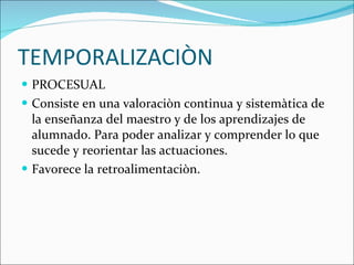 TEMPORALIZACIÒN PROCESUAL Consiste en una valoraciòn continua y sistemàtica de la enseñanza del maestro y de los aprendizajes de alumnado. Para poder analizar y comprender lo que sucede y reorientar las actuaciones. Favorece la retroalimentaciòn. 