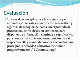 Evaluaciòn “…  la evaluaciòn aplicada a la enseñanza y el aprendizaje consiste en un proceso sistemàtico y riguroso de recogida de datos, incorporando al proceso educativo desde su comienzo, para disponer de informaciòn continua y significativa, para conocer la situaciòn, formar juicios de valor respecto a ella y tomar decisiones adecuadas para proseguir la actividad educativa mejorando progresivamente…” ( Casanova 1995) 