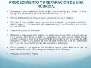 PROCEDIMIENTO Y PREPARACIÓN DE UNA RÚBRICA: Busque un buen Modelo e identifique las características que definen un buen trabajo. Permita que los estudiantes se familiaricen con él. Revise detalladamente el contenido o unidad que se va a estudiar . Establezca con claridad dentro de esa área o unidad un (unos) objetivo(s) , desempeño(s), comportamiento(s), competencia(s) o actividad(es) en los que se va a enfocar.  Determine cuáles va a evaluar. Describa lo más claramente posible, los criterios de desempeño específicos que va a utilizar para llevar a cabo la evaluación de esas áreas. Estos deben permitir establecer qué tanto ha aprendido el estudiante del tema que se está trabajando. Diseñe una escala de calidad para calificarlas, esto es, establezca los niveles de desempeño que puede alcanzar el estudiante .  Estos pueden ir por ejemplo, de excelente hasta pobre. Revise lo que ha plasmado en la matriz para asegurarse de que no le falta nada Practique el modelo o matriz 