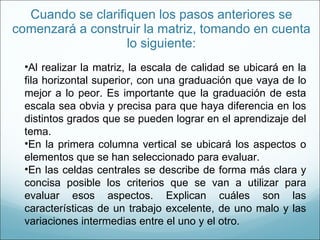 Cuando se clarifiquen los pasos anteriores se comenzará a construir la matriz, tomando en cuenta lo siguiente: Al realizar la matriz, la escala de calidad se ubicará en la fila horizontal superior, con una graduación que vaya de lo mejor a lo peor. Es importante que la graduación de esta escala sea obvia y precisa para que haya diferencia en los distintos grados que se pueden lograr en el aprendizaje del tema. En la primera columna vertical se ubicará los aspectos o elementos que se han seleccionado para evaluar. En las celdas centrales se describe de forma más clara y concisa posible los criterios que se van a utilizar para evaluar esos aspectos. Explican cuáles son las características de un trabajo excelente, de uno malo y las variaciones intermedias entre el uno y el otro. 