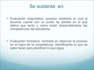 Se sustenta  en: Evaluación diagnóstica: proceso mediante el cual el docente cuenta con un punto de partida en el que define que tanto y cómo están desarrollándose las competencias del estudiante. Evaluación formativa: centrada en observar el proceso en el logro de la competencia, identificando lo que se sabe hacer para planificar lo que sigue  