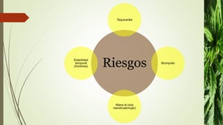 Riesgos
Taquicardia
Bronquitis
Altera el ciclo
menstrual(mujer)
Esterilidad
temporal
(hombres)
 