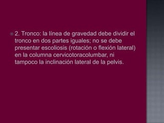  2.

Tronco: la línea de gravedad debe dividir el
tronco en dos partes iguales; no se debe
presentar escoliosis (rotación o ﬂexión lateral)
en la columna cervicotoracolumbar, ni
tampoco la inclinación lateral de la pelvis.

 