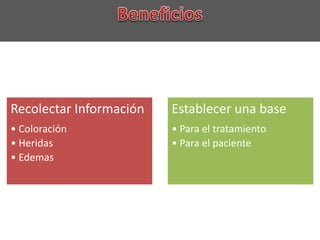 Recolectar Información
• Coloración
• Heridas
• Edemas
Establecer una base
• Para el tratamiento
• Para el paciente
 