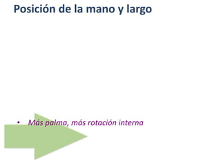 Posición de la mano y largo
• Más palma, más rotación interna
 