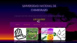 UNIVERSIDAD NACIONAL DE
CHIMBORAZO
FACULTAD DE CIENCIAS POLÍTICAS Y ADMINISTRATIVAS
LOS VALORES
RESPETO SOLIDARIDAD PUNTUALIDAD PAZ
 