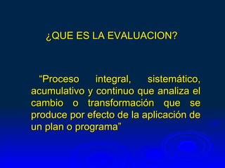 ¿QUE ES LA EVALUACION?



  “Proceso    integral,   sistemático,
acumulativo y continuo que analiza el
cambio o transformación que se
produce por efecto de la aplicación de
un plan o programa”
 