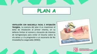 PLAN A
VENTILACIÓN CON MASCARILLA FACIAL E INTUBACIÓN
TRAQUEAL. La esencia del plan A es maximizar el
éxito de intubación al primer intento, en su
defecto limitar el número y duración de intentos
de laringoscopia para evitar el trauma sobre la
vía aérea y o la progresión a un escenario de No
Intubable/no oxigenable (NINO).
 