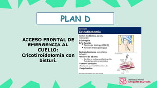 PLAN D
ACCESO FRONTAL DE
EMERGENCIA AL
CUELLO:
Cricotiroidotomía con
bisturí.
 