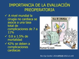 IMPORTANCIA DE LA EVALUACIÓN
PREOPERATORIA
 A nivel mundial la
cirugía no cardiaca se
asocia a una tasa
total de
complicaciones de 7 a
11%
 0.8 a 1.5% de
mortalidad
 42% se deben a
complicaciones
cardiacas
Rev Esp Cardiol. 2014;67(12):1052.e1-e43
 