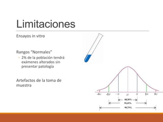 Limitaciones
Ensayos in vitro
Rangos “Normales”
◦ 2% de la población tendrá
exámenes alterados sin
presentar patología
Artefactos de la toma de
muestra
 