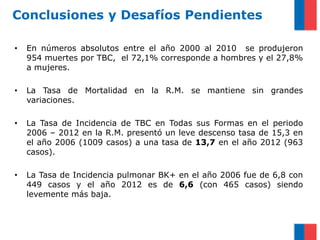 Conclusiones y Desafíos Pendientes
• En números absolutos entre el año 2000 al 2010 se produjeron
954 muertes por TBC, el 72,1% corresponde a hombres y el 27,8%
a mujeres.
• La Tasa de Mortalidad en la R.M. se mantiene sin grandes
variaciones.
• La Tasa de Incidencia de TBC en Todas sus Formas en el periodo
2006 – 2012 en la R.M. presentó un leve descenso tasa de 15,3 en
el año 2006 (1009 casos) a una tasa de 13,7 en el año 2012 (963
casos).
• La Tasa de Incidencia pulmonar BK+ en el año 2006 fue de 6,8 con
449 casos y el año 2012 es de 6,6 (con 465 casos) siendo
levemente más baja.
 