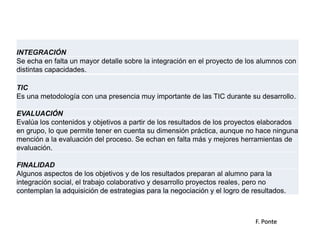 TIC
Es una metodología con una presencia muy importante de las TIC durante su desarrollo.
EVALUACIÓN
Evalúa los contenidos y objetivos a partir de los resultados de los proyectos elaborados
en grupo, lo que permite tener en cuenta su dimensión práctica, aunque no hace ninguna
mención a la evaluación del proceso. Se echan en falta más y mejores herramientas de
evaluación.
FINALIDAD
Algunos aspectos de los objetivos y de los resultados preparan al alumno para la
integración social, el trabajo colaborativo y desarrollo proyectos reales, pero no
contemplan la adquisición de estrategias para la negociación y el logro de resultados.
INTEGRACIÓN
Se echa en falta un mayor detalle sobre la integración en el proyecto de los alumnos con
distintas capacidades.
F. Ponte
 