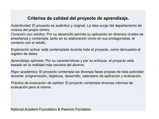 Criterios de calidad del proyecto de aprendizaje.
Autenticidad: El proyecto es auténtico y original. La idea surge del departamento de
música del propio centro.
Conexión con adultos: Por su desarrollo permite su aplicación en diversos niveles de
enseñanza y contempla, tanto en su elaboración como en sus protagonistas, el
contacto con el adulto.
Exploración activa: está contemplada durante todo el proyecto, como demuestra el
registro de datos.
Aprendizaje aplicado: Por su características y por su enfoque, el proyecto está
basado en la realidad más cercana del alumno.
Rigor académico: El proyecto contempla las diversas fases propias de toda actividad
docente: programación, objetivos, desarrollo, calendario de aplicación y evaluación.
Práctica de evaluación de calidad: El proyecto contempla diversas rúbricas de
evaluación para el mismo.
National Academi Foundation & Pearson Fondation
 