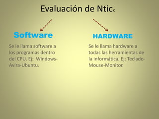 Evaluación de Nticx 
Software 
Se le llama software a 
los programas dentro 
del CPU. Ej: Windows- 
Avira-Ubuntu. 
HARDWARE 
Se le llama hardware a 
todas las herramientas de 
la informática. Ej: Teclado- 
Mouse-Monitor. 
 