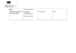 Escuela Alemania D-774
Evaluación, seguimiento y control
Lenguaje y Comunicación.

             Clase 6:                          Programa hot-potatoes.
             Retroalimentación prueba unidad   a) Crucigrama.             Periodo de clases   Profesor
             de la leyenda utilizando el       b) Sopa de letra.
             programa hot-potatoes.            c) Cuestionario on-line.

                                               Autoevaluación trabajo
 