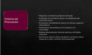 • Magnitud: cantidad de población afectada.
• Gravedad: Si el problema afecta a la calidad de vida
actual y/o futura.
• Prevención: Factibilidad de revertir los efectos negativos
del problema
• Importancia: Del problema en la empresa o la
comunidad.
• Biodiversidad afectada: Nivel de deterioro del Medio
Ambiente.
• Pertinencia cultural, étnica, de género, territorial, etárea
(etapa de la vida), condición de discapacidad.
Criterios de
Priorización
 