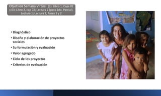 • Diagnóstico
• Diseño y elaboración de proyectos
sociales
• Su formulación y evaluación
• Valor agregado
• Ciclo de los proyectos
• Criterios de evaluación
Objetivos Semana Virtual (3). Libro 1, Caps 01
y 03; Libro 2, cap 02; Lectura 2 (para 2do. Parcial).
Lectura 1; Lectura 2, Fases 1 y 2
 