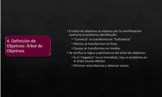 • El árbol de objetivos se expresa por la manifestación
contraria al problema identificado:
• "Carencia" se transforma en "Suficiencia“
• Efectos se transforman en fines.
• Causas se transforman en medios
• Se verifica la lógica y pertinencia del árbol de objetivos:
• Si el "negativo" no es inmediato, hay un problema en
el árbol causas-efectos
• Eliminar redundancias y detectar vacíos
4. Definición de
Objetivos: Árbol de
Objetivos
 