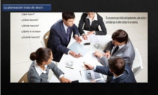 •
•
•
•
•
La planeación trata de decir:
 