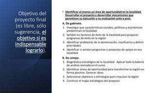 Objetivo del
proyecto final
(es libre, sólo
sugerencia, el
objetivo si es
indispensable
lograrlo).
• Identificar al manos un área de oportunidad en la localidad.
Desarrollar el proyecto y desarrollar mecanismos que
garanticen su ejecución y su evaluación ante y post.
A. De gabinete.
1. Investigar que características sociales, políticas y económicas
predominan la localidad.
2. Señalar los factores de éxito de la localidad para propiciar
programas de éxito en la región
3. Identificar problemas de la demarcación, clasificarlos y definir
prioridades
4. Identificar si existen programas o proyectos de apoyo en esa
localidad
B. De campo:
1. Diagnóstico estratégico de la localidad. Aplicar toda la batería
de análisis revisada en el curso.
2. Identificar áreas de oportunidad para transformar la región en
forma positiva. Generar ideas
3. Seleccionar objetivos y estrategias para impulsar la región
4. Construir el mapa estratégico del proyecto
 